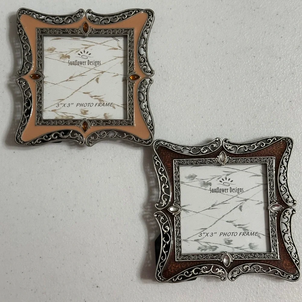 Sunflower Designs Ornate Filigree Enamel 3x3 Photo Frame Set of 2 Brown & Peach